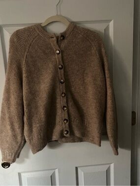 Sezane Neutral Taupe Button-Front Cardigan
